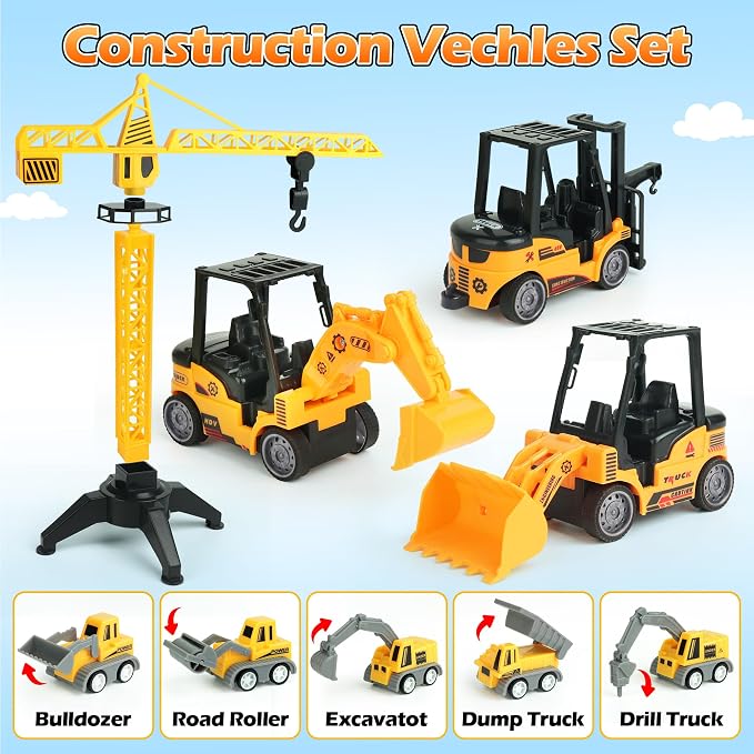 Helsort 37 Pcs Sand Construction Kit with Magic Sand, Sandbox, 8 Trucks | Foldable Sand Box, 2.2lbs Sand, 8 Construction Trucks, Crane, Worker, Road Signs, Molds, Shovel, Ideal Gifts for Kids 3+