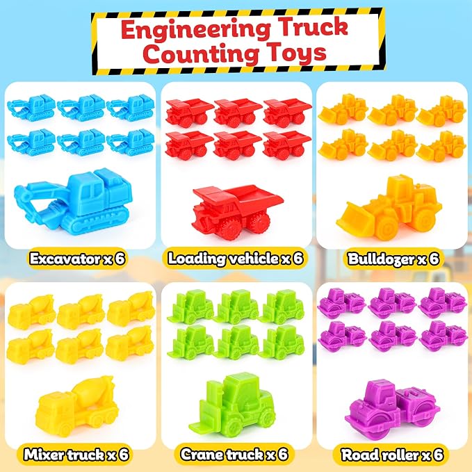 Counting Construction Vehicles Color Sorting Matching Games for Kids 3-5, Preschool Educational Learning Fine Motor Counting Transportation Matching Classroom Sensory Table Toys for Boys Girls