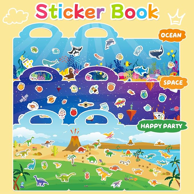 3 Sets Reusable Sticker Book for Toddlers 3-6, Jelly Sticker Books for Toddler, Travel Sticker Activity Toys for Kids 3 4 5 6 Years Old Girls & Boys（Ocean + Space + Dinosaur）