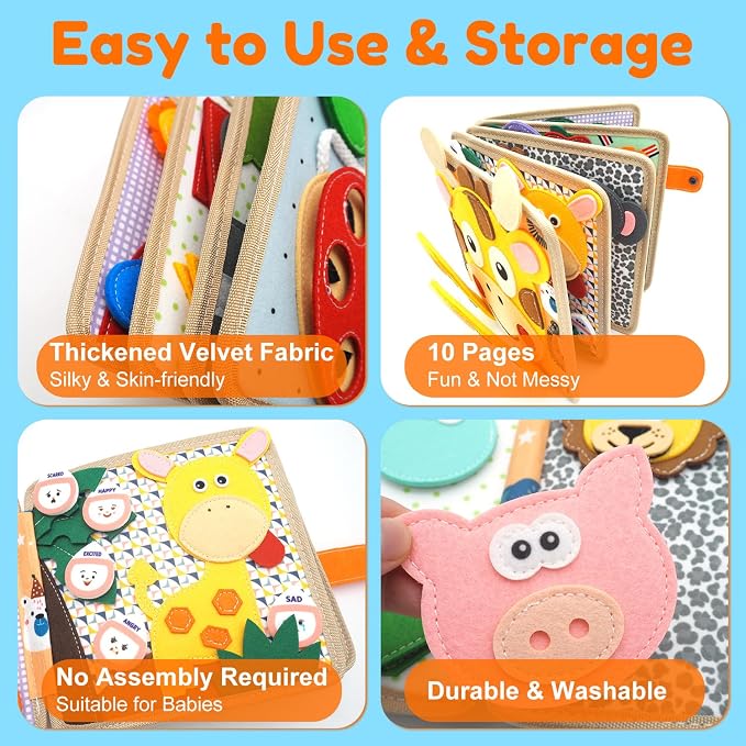 Busy Book for Toddlers 1-3, Felt Animals Busy Board for 1 Year Old | Montessori Toys, Peekaboo Quiet Book, Airplane Travel Toys, Educational Learning Activity, Birthday Gifts for Boys & Girls