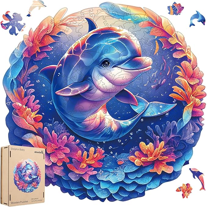 Qiuenisray Wooden Puzzles for Adults 500 Pieces, Dolphin Jigsaw Puzzles | FSC Certified Unique Ocean Adult Puzzles, Irregular Wood Puzzles, Creative Gift for Family Game 16.2x16.5 in