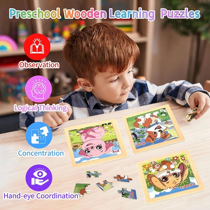 Wooden Farm Puzzles for Toddlers, 8 Pack 9 PCS Jigsaw Puzzles for Kids | Wooden Puzzles for Toddlers 3-5, Animal Puzzles for Kids 3-5, Preschool Puzzles Learning Educational Sets Toys
