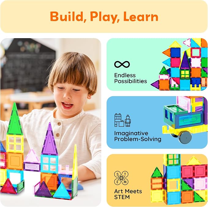 PicassoTiles 101 Piece Magnetic Tiles Building Set with Car & Bag Ages 3+ | BPA-free plastic, smooth-edge design, doors/windows, specialty shapes, spatial reasoning, hand-eye coordination, pretend play