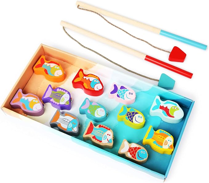 CUBIKA Wooden Fishing Game – Magnetic Fishing Toy for Kids Ages 2+ – Montessori Fine Motor Skill Game with 2 Rods – FSC-Certified Wood, German Water-Based Paints