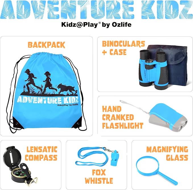 Adventure Kidz - Outdoor Exploration Kit, Children’s Toy Binoculars, Torch, Compass, Whistle, Magnifying Glass, Backpack. Great Kids Gift Set for Camping, Hiking, Educational and Pretend Play. | Children's Binoculars, Flashlight, Compass, Fox Whistle, ...