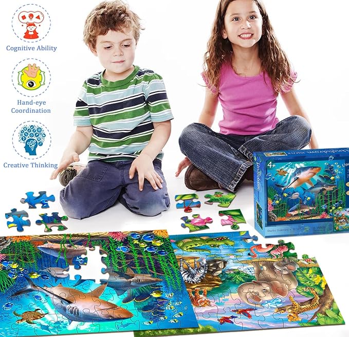 Puzzles for Kids Ages 4-6 – 2 x 60 Pieces Ocean & Forest Animals | Puzzles for Kids Ages 3-5 6-8, Educational Learning Animals Toys, Gift for Boys and Girls