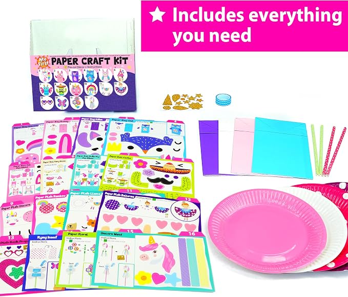 KRAFUN Unicorn & Bunny Beginner Paper Craft Kit for Girls Age 3+ | 16 projects: paper bags, plates & rolls. Princess & Fairy themes. Fun creative activity set for toddler girls
