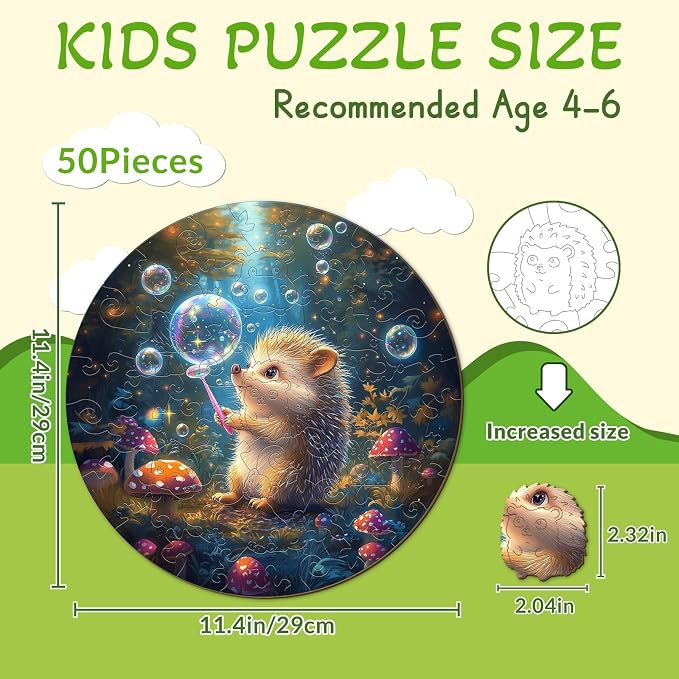 Animal Wooden Puzzles for Kids - Bubble Hedgehog | 50 Piece Puzzles for Kids Ages 4-6 - Kids Puzzle with Unique Animal Shapes -Round Puzzles for Boys and Girls (11.4 * 11.4 in)