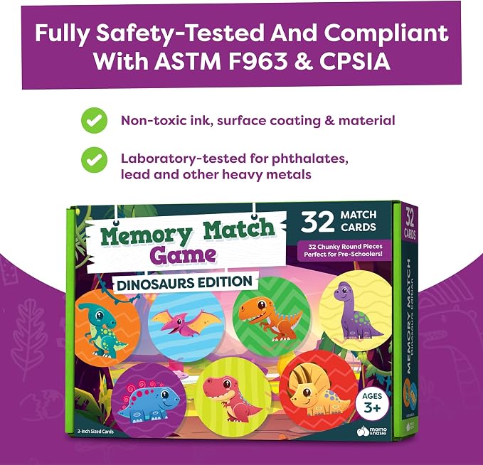 Momo & Nashi Dinosaur Toys for Kids 3-5 Matching Game - 32pc Dinosaur Games for Kids Memory Game - Kindergarten Preschool Educational Toys - Gifts for 3 Year Old Boys & Girls