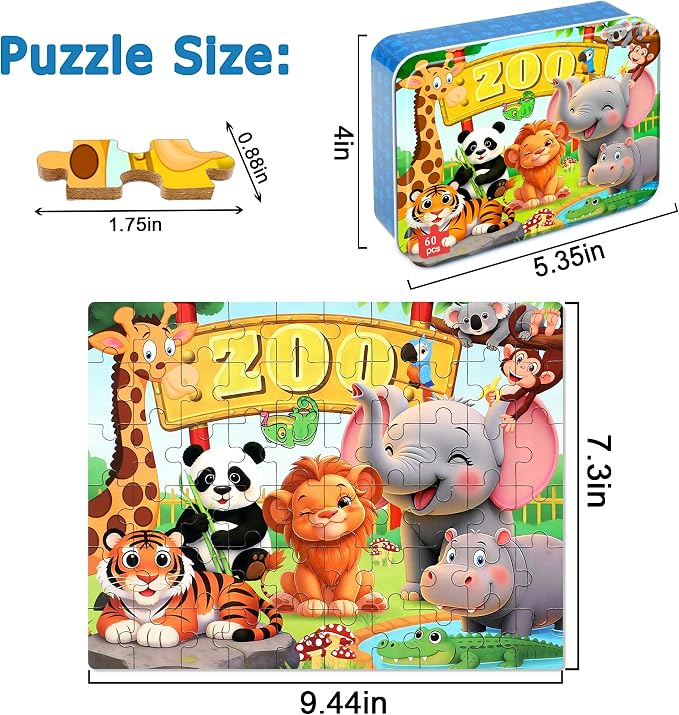 LELEMON Puzzles for Kids Ages 4-6,Zoo 60 Piece Puzzles for Kids Ages 6-8 in a Metal Box,Children Jigsaw Puzzles Kids Puzzles,Educational Learning Puzzle Toys for Girls and Boys