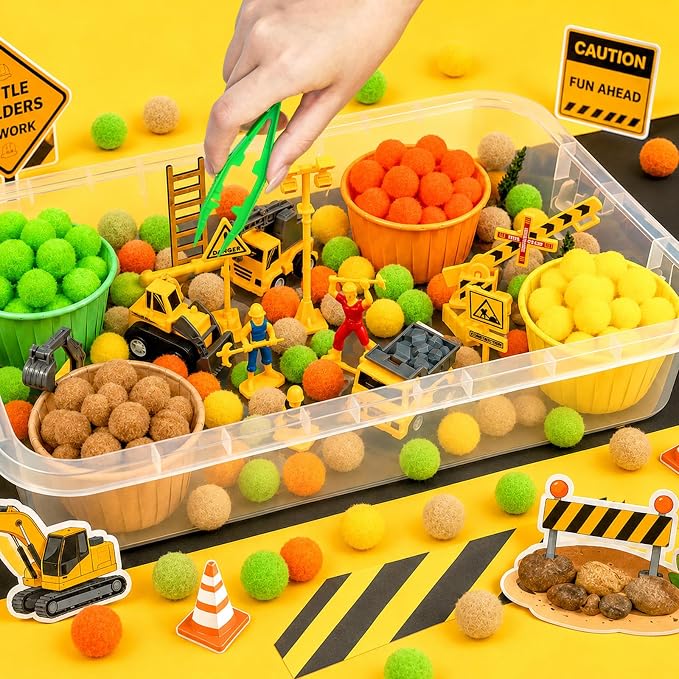 Cinrobiye 150 Pcs Construction Theme Activity Fillers Set with Storage Box, Excavator Accessories, Road Signs, Tools, Building Materials & Sorting Supplies for Classroom Activities, Home Projects