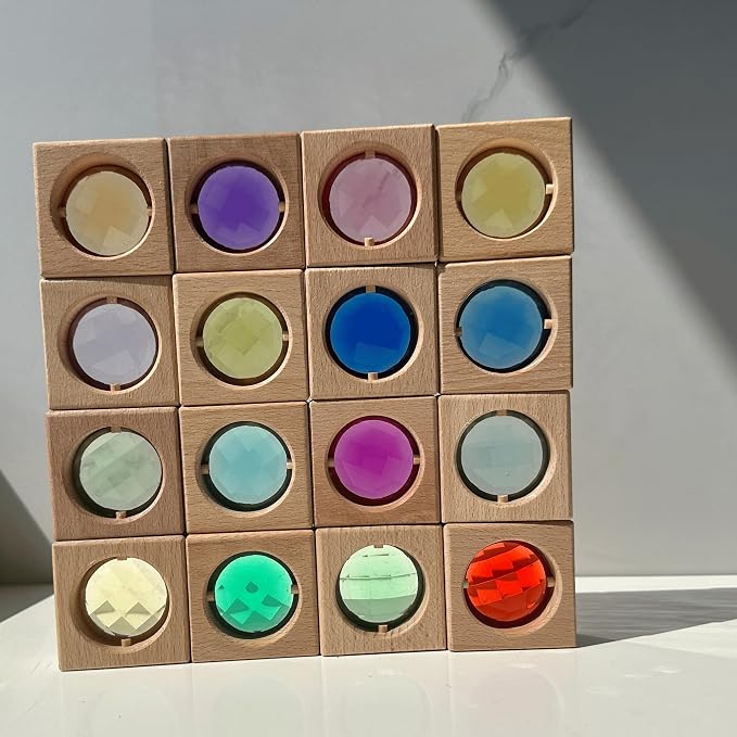 16PCS Acrylic Wooden Gem Blocks, Sparkling Acrylic Colorful StackingToys, Open Ended Play Montessori Educational Toys (16PCS Square Gem Blocks)