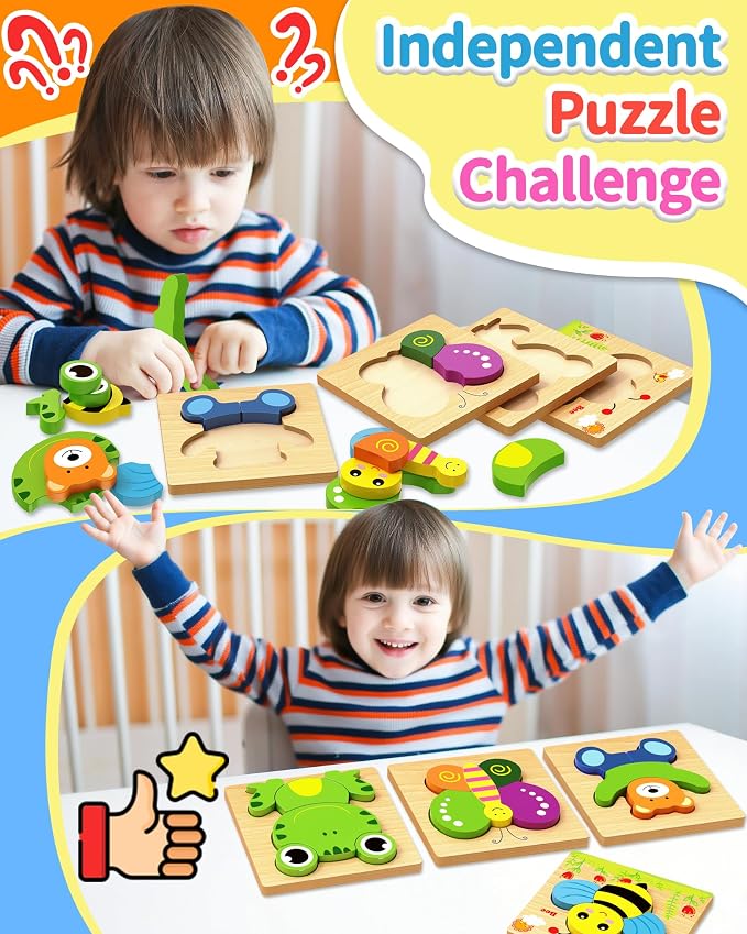 Bekayshad Wooden Puzzles for Toddlers 1-3, Montessori Toys for 1 2 Year Old | Toddler Puzzles, 1 2 Year Old Boy Girl Birthday Gifts, 8 Pack Animal Shape Jigsaw Puzzles, Learning Educational Preschool Toy