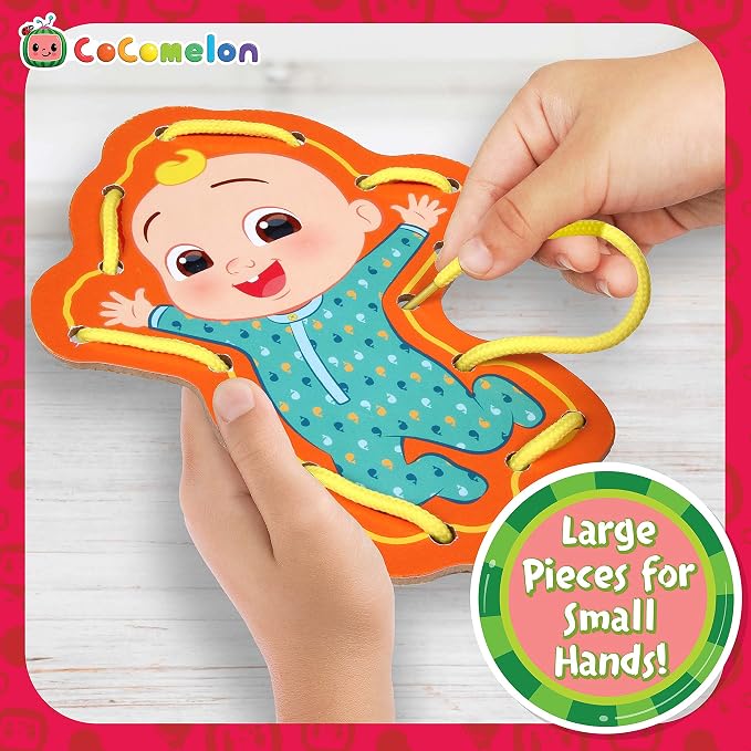 Cocomelon My First Lace Art- Wooden Cocomelon Tracing Activity- 6 Characters & 6 Laces Included- Fine Motor Development Toy for Toddlers & Preschoolers- Reusable Craft Kit-Gift for Boys Girls 3+
