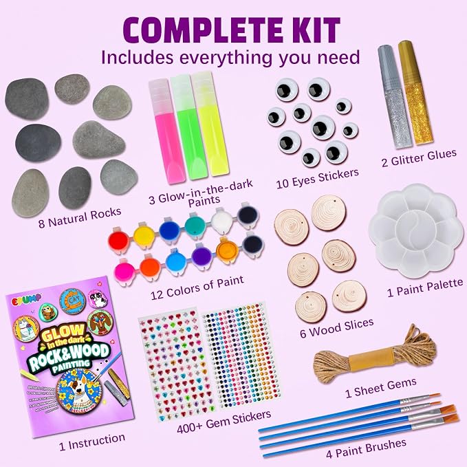 Rock & Wood Painting Kit for Kids Creative Arts & Crafts Set for Boys Girls | Paint wooden shapes and rocks with vibrant colors to create beautiful crafts, Perfect for birthdays classrooms and family fun