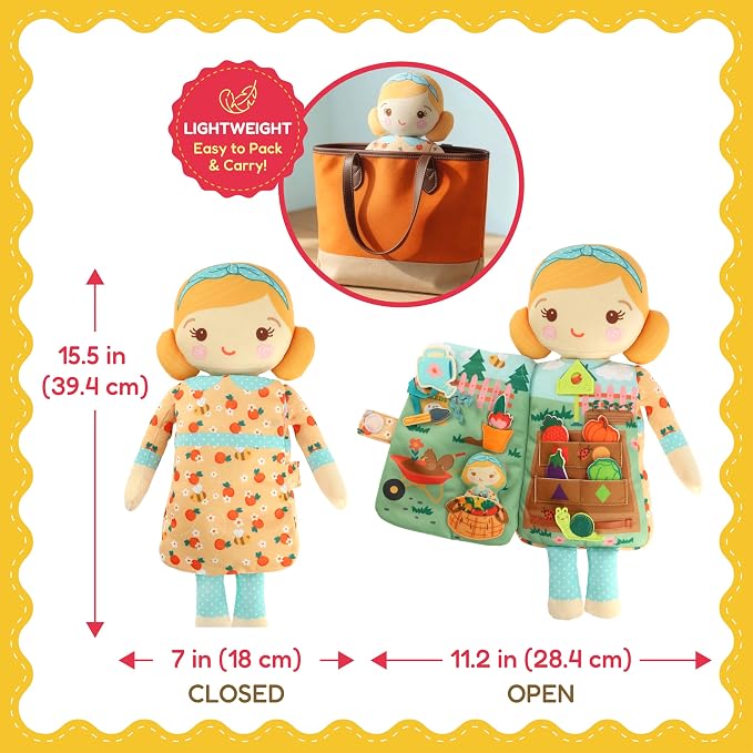 Rosie the Gardener– 2-in-1 Soft Activity Doll & Busy Book | Screen-Free Travel Plush Toy with Tethered Pieces for Toddlers and Preschoolers ages 1–4 by Aleni Brands