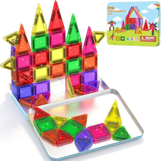 46PCS Glitter Mini Magnetic Tiles Travel Set with Storage Case | Portable Magnetic Blocks Building Toys for Toddlers Kids Ages 4-8, Classroom STEM Learning Toys for Boys Girls Birthday Gift