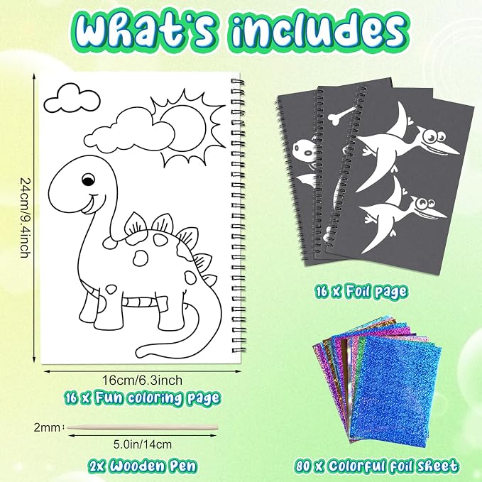 Foil Craft Dinosaur DIY Art Fun Kits, No Mess Creative Foil Art Kits Set Drawing Game for Kids, Birthday Gifts Crafts Supplies Travel Toys for Girls Boys Ages 4-9