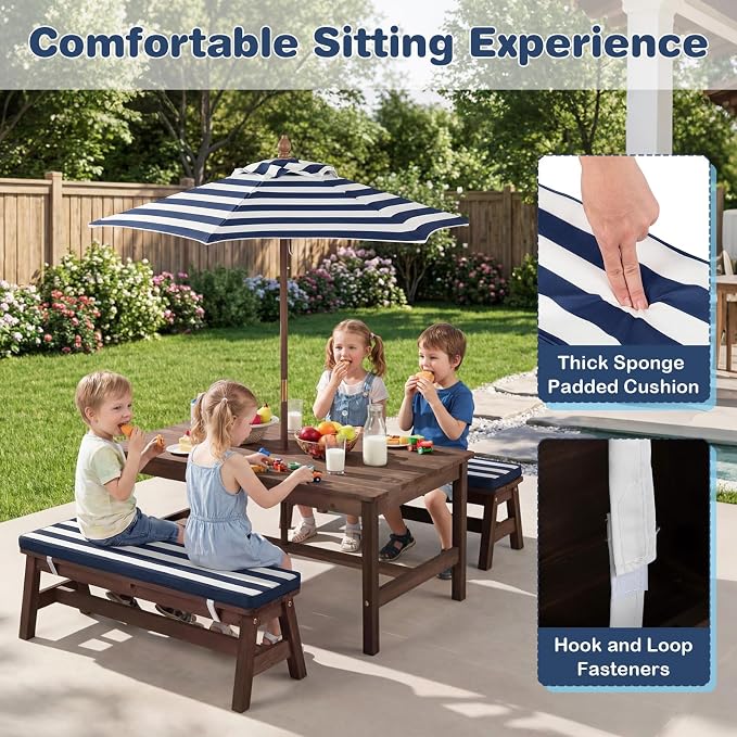 Costzon Kids Picnic Table, Fir Wood Toddler Outdoor Table & Bench Set w/Removable Umbrella & Cushions, Stripe Fabric, Kids Outdoor Furniture for Patio Backyard Garden, Fits 4 Children Age 3+ (Blue)