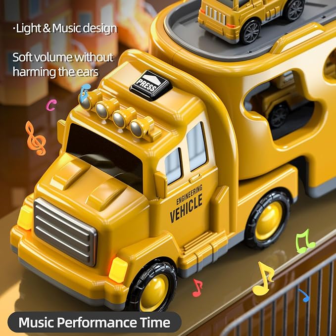 Beby Buty 5 in 1 Construction Trucks Cars Toys for Toddlers 3-5 | Boy Toddler Car Truck Toys with Light Sound, Includes Crane, Mixer, Bulldozer & Excavator, Birthday Gifts for 3 4 5 Year Boys