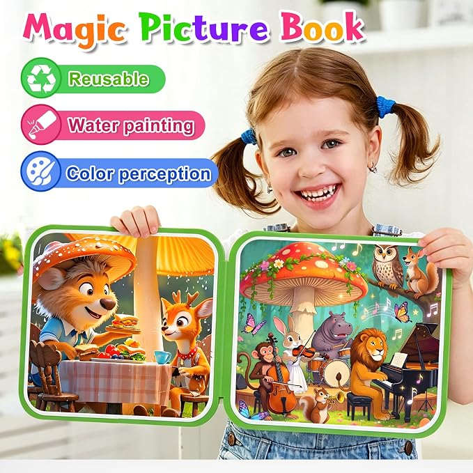 Bresdim Water Coloring Book, 4 Pack Water Painting Books for Toddlers 1-3 | Reusable Fairy Tale Animal Mess Free Coloring Book with Water Pen, Magic Paint with Water Book Travel Toy for Kid 3–6
