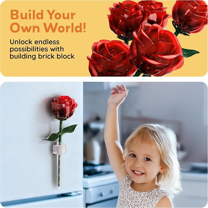 PicassoTiles Red Stem Rose Building 45pc Set With Magnetic Hold Piece Creative Hands-On Play Discovery Activity Kit Room Decor Gifts For Mother’s Day Present Display Flower Boys Girls Kid Age 3+ PBS20