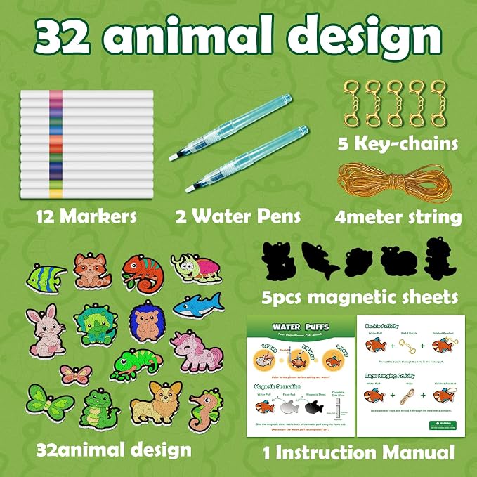 FLUXOJOY 32 Animal Puffy Craft Kit for Kids – 3D Water Grow Craft Activity, DIY Keychains, Creative Screen Free Paint by Number Art Toy, Rainy Day Birthday Party Gifts for Boys & Girls Ages 4-8