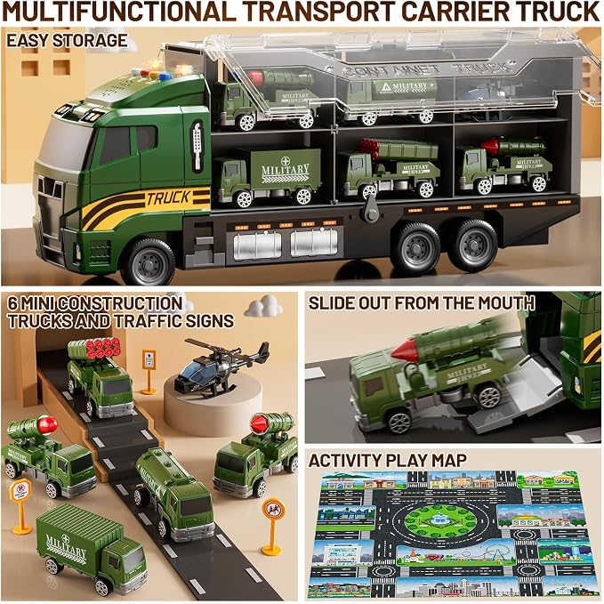 Carrier Truck Toddlers Toys for 3 4 5 6 7 Years Old Boys, Toy Truck Transport Car & Die-Cast Car and Play Mat, Military Toys Birthday Gifts for Kids 3 4 5 6 7 8+ Years Old Boys Girls