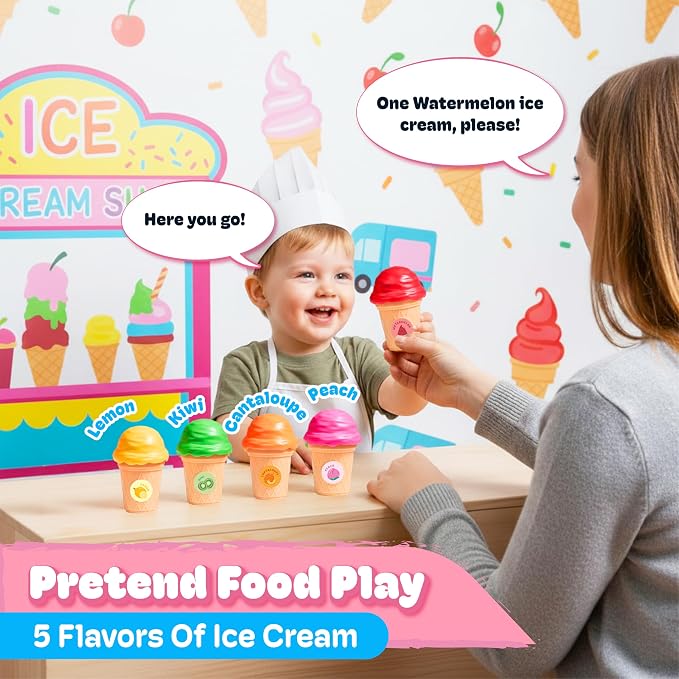 JoyCat Ice Cream Sorting and Stacking Pretend Play Toy Set, 5 Cones | Stack scoops, match colors and serve pretend ice cream while practicing counting and fine motor play