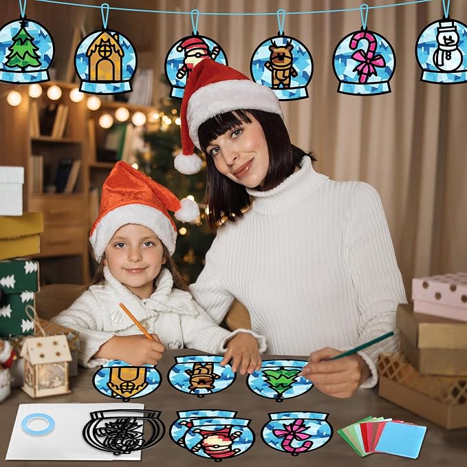 Qyeahkj 36 Set Winter Christmas Suncatchers Craft Kit for DIY Santa Snowman Reindeer Globe Tissue Paper Craft Kit Hanging Decor for Xmas Home Activity Art Project Birthday Party Favor Gift