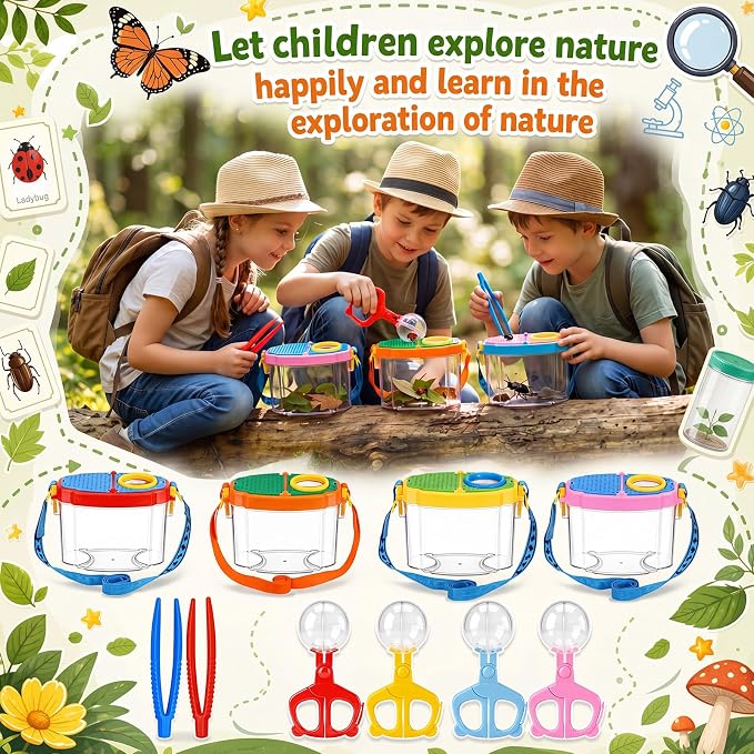 Halloscume 20 Set Bug Catcher for Kids Bug Viewer and Insects Tweezer for Students, Critter Catching Kit Magnifying Insect Cage Container Kit for Kids Outdoor Science Nature Exploration
