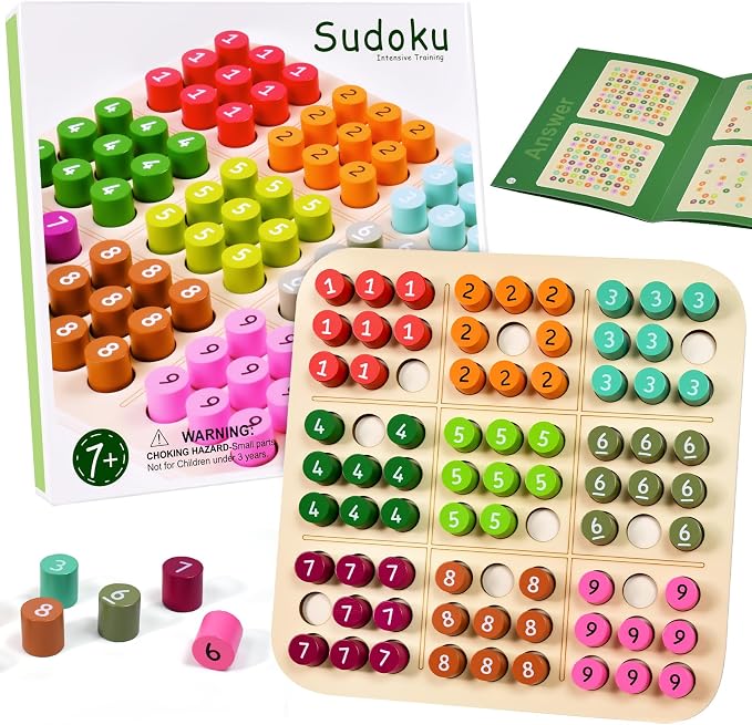 Wooden Sudoku Board Game: Math Brain Teaser Puzzle Desktop Game Train Logical Thinking Ability with 81 Pegs for Teenagers, Adult & Seniors Brain Stimulation Toys, Party Favors & Stress-Relief