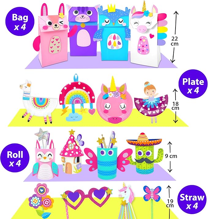 KRAFUN Unicorn & Bunny Beginner Paper Craft Kit for Girls Age 3+ | 16 projects: paper bags, plates & rolls. Princess & Fairy themes. Fun creative activity set for toddler girls