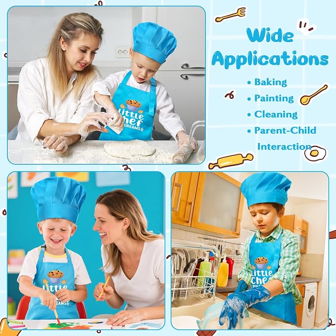 R HORSE Kid Apron and Chef Hat Set - 2Pcs Blue Little Chef Adjustable Children Kitchen Toddler Apron with Pockets for Kids, Funny Dress up Pretend Play Toy Birthday Gift for Cooking Baking Painting