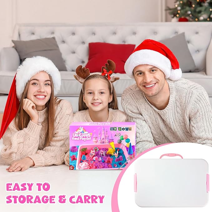 Unicorn Sensory Bin for Girl, Magic Sand Art Kit for Boys and Girl with Sandbox, Castle Molds, 2.18lb 3 Color Sand, Best Unicorn Toy Kits Christmas Birthday Gift for Toddler Ages 3+