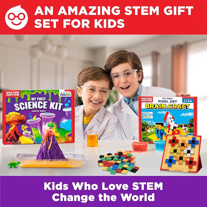 Doctor Jupiter Amazing Science Gift Set for Kids Ages 4+, Birthday Gift | Set of My First Science Kit & Brain Craft Pixel Art Kit, 150+ Activities, Birthday Gift for Boys, Girls Ages 5,6,7,8 STEM Toy