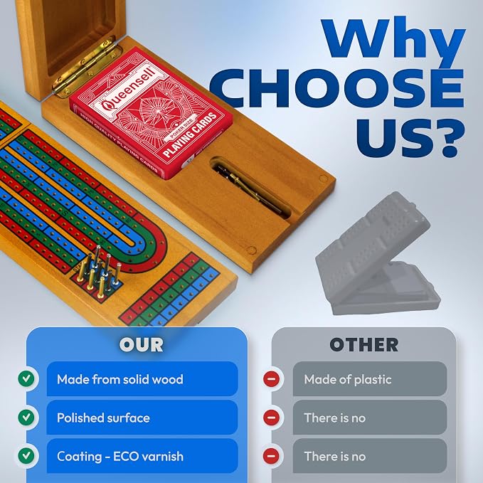 Cribbage Board Game Set with Storage - Classic Game Travel Cribbage Board with Wooden Card Storage for Adults & Kids - Ideal for Game Night