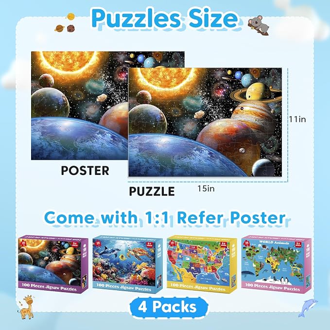 4 Packs 100 Piece Puzzles for Kids Ages 4-6 6-8 8-10, Educational Kids Jigsaw Puzzle Set, Ocean Space US Map World Animals Learning Puzzle Toy Gift for Boys Girls Teens Adults Kids Puzzles 4-6 5-8