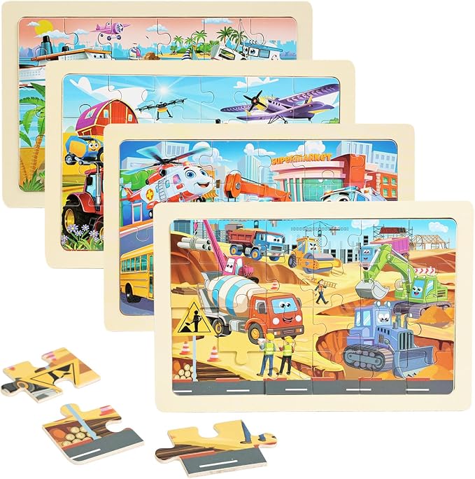 Wooden Puzzles for Kids Ages 4-6, 24 Piece Vehicle Car Construction Jigsaw Puzzles 4 Packs, Preschool Toddlers Learning Activity Puzzles Toys for Boys Girls 3 4 5 6 Years Old