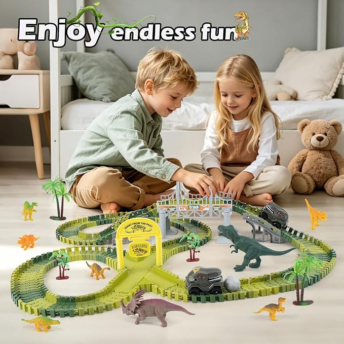 Dinosaur Race Car Track Toys for Kids, Birthday Gifts for 3 4 5 6 7 Year Old Boys Girls, 255+ PCS Dinosaur World Adventure Building Playset with Flexible Track, DIY A Dinosaur World Road Race