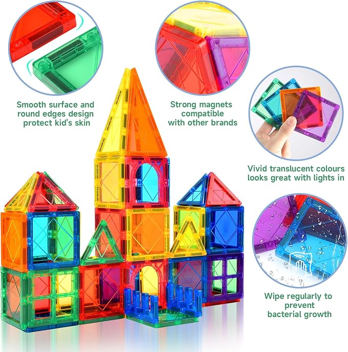 NVHH Magnetic Tiles for Kids Ages 3-5 4-8 Magnetic Blocks Creative Toys | Magnet Building Block for 3+ Year Old Boys Girls Toddler,Colorful Preschool Educational Construction Christmas Birthday Gifts