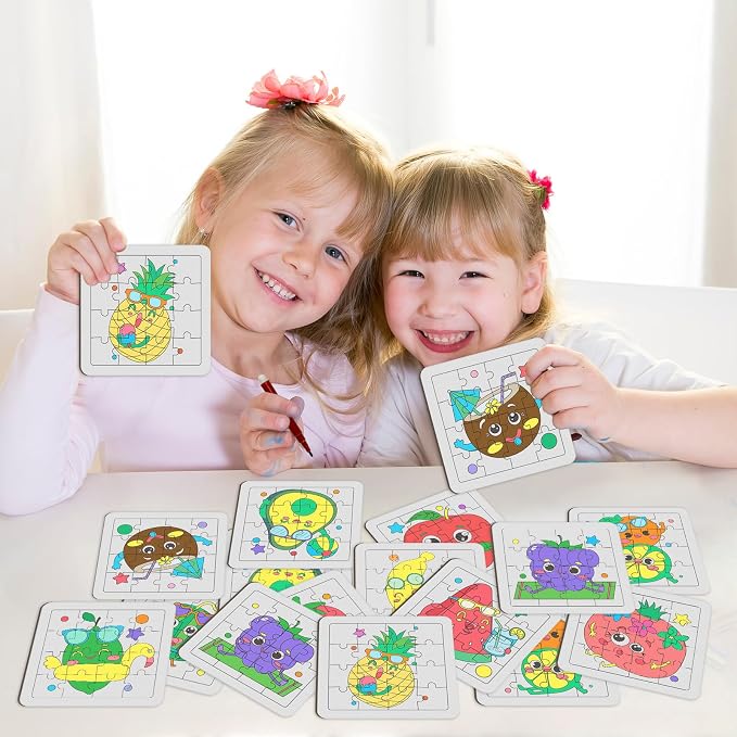 Cinrobiye 24 Pcs Fruit Coloring Puzzle Craft Kit, DIY Tropical Fruit Jigsaw Activity Set with 12 Designs, Summer Craft Party Favors for Group Events, Birthday Decorations, Art & Creative Activities