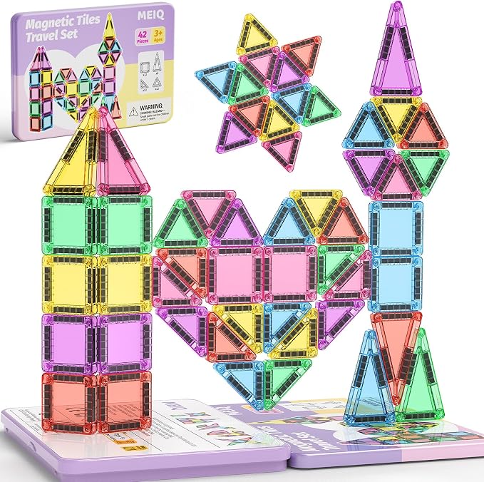 42PCS Magnetic Tiles Travel Storage Mini STEM Blocks Iron Box 3-8 | Portable Montessori educational magnetic building tiles for airplane, car rides & on-the-go creative play, durable and fun