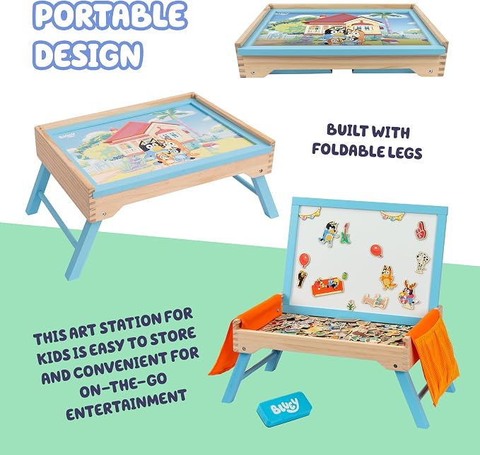 Bluey Art Creation Station, 100 Magnets & Whiteboard Lid | Foldable legs, storage pockets for magnets, portable design; Bluey activity set for kids ages 3-5