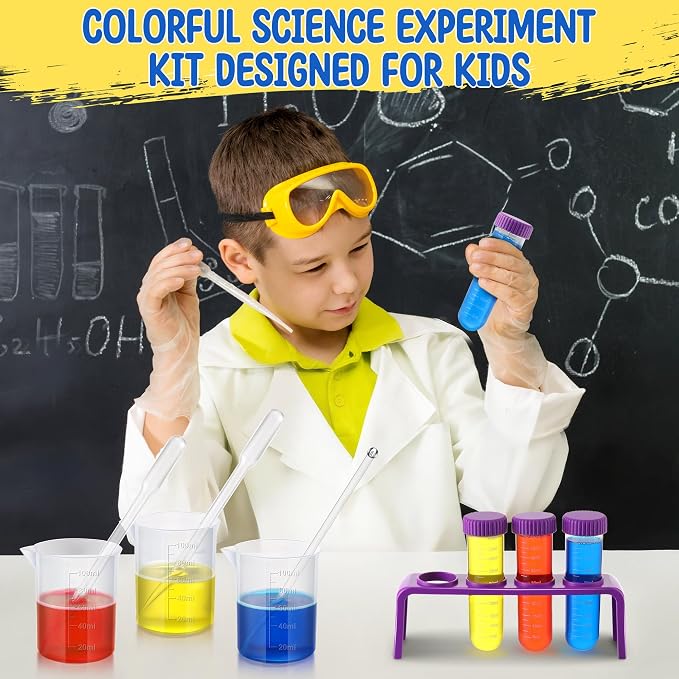 Color Science Kit, 120 Fizzing Tablets, Test Tubes and Beakers | Red, Yellow and Blue Tablets, Mix 3 Primary Colors, 4 Test Tubes, 3 Beakers, 3 Droppers, Stirring Stick