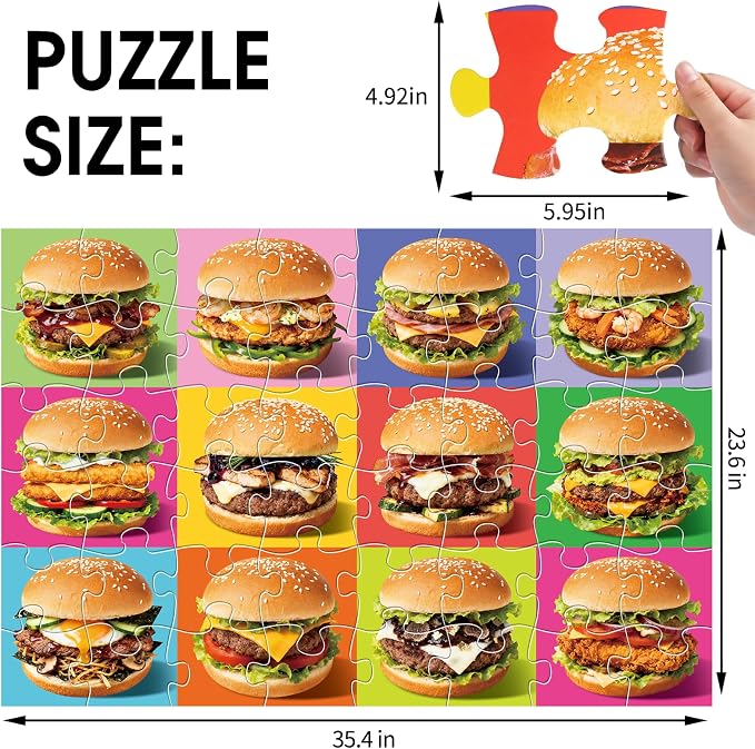 Jumbo Floor Puzzle for Kids,48 Piece Hamburger Jigsaw Puzzle Ages 3-8 | Food-themed Learning Puzzle with Colorful Hamburger,Extra-thick Cardboard,35x24 in Completed,Preschool Gift for Boys and Girl