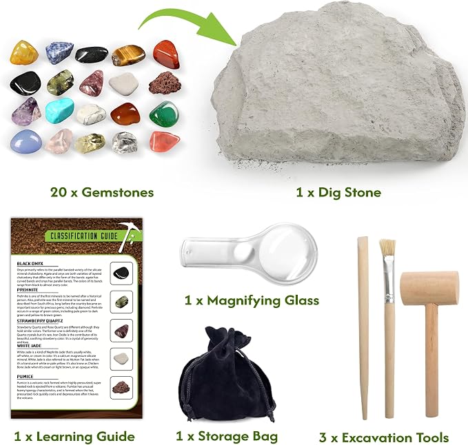 LotFancy Gemstone Dig Kit for Kids, 20 Real Gems, Science Excavation Gift | Rocks Stones Collection,Ages 8-12 Fit,STEM Classroom Learning Activity,Birthday Gift for Boys Girls,Geology Discovery Toy