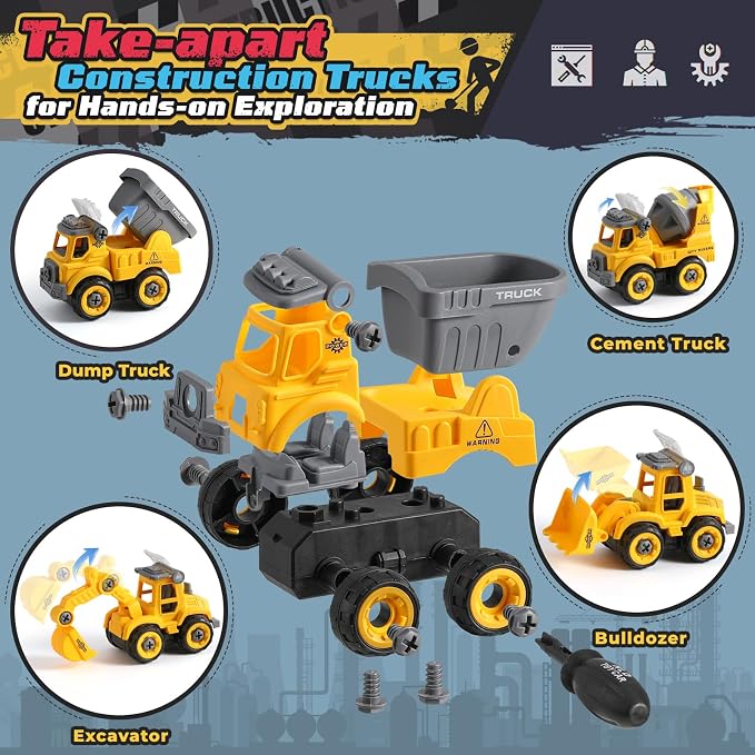 OENUX Construction Play Sand Kit with 4 Take Apart Trucks for Boys Age 3-8 | 2.2lbs Soft Play Sand, Sandbox with Lid, Sand Toys, Sensory Bin with 4 Sand Molds, Easy to Clean and Storage, Gift Idea
