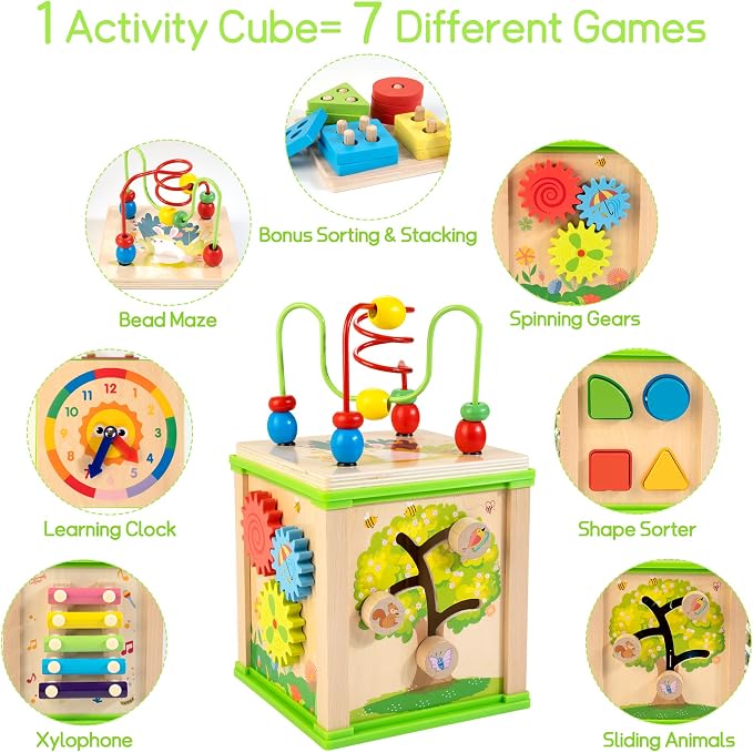 WOODMAM Wooden 7-in-1 Activity Cube, Montessori Toys for 1 2 Year Old | Educational Developmental Toys, One Year Old Boy Girl Birthday Gifts, Bead Maze, Xylophone, Sorting & Stacking Board