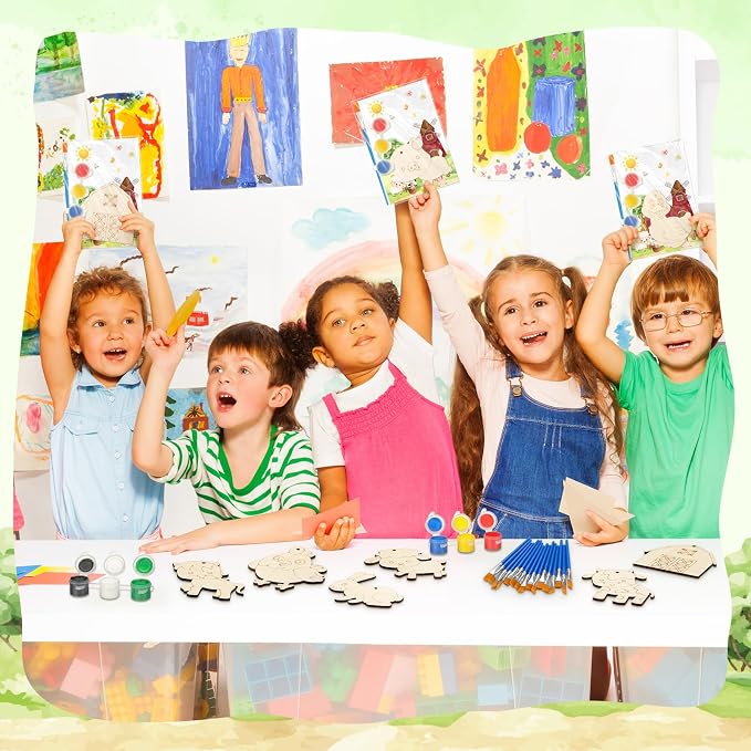 24 Pcs Farm Animals Party Favors Wooden Paint Craft Kits | Farm Theme Birthday DIY Activity, Animal Shapes with Barn,Organza Bags for Goodie Bag Fillers